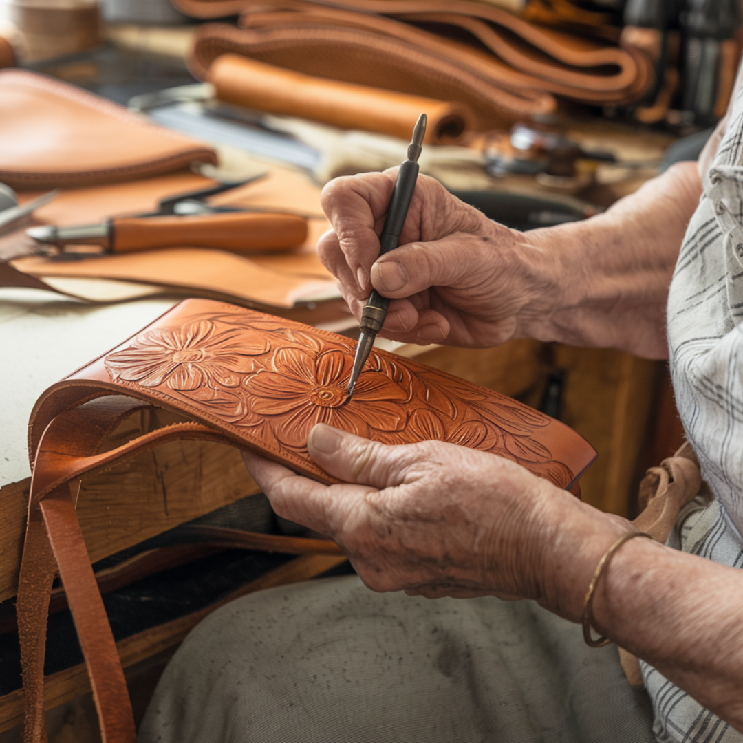 Florina - Borsa a mano in pelle con incisione e motivo floreale